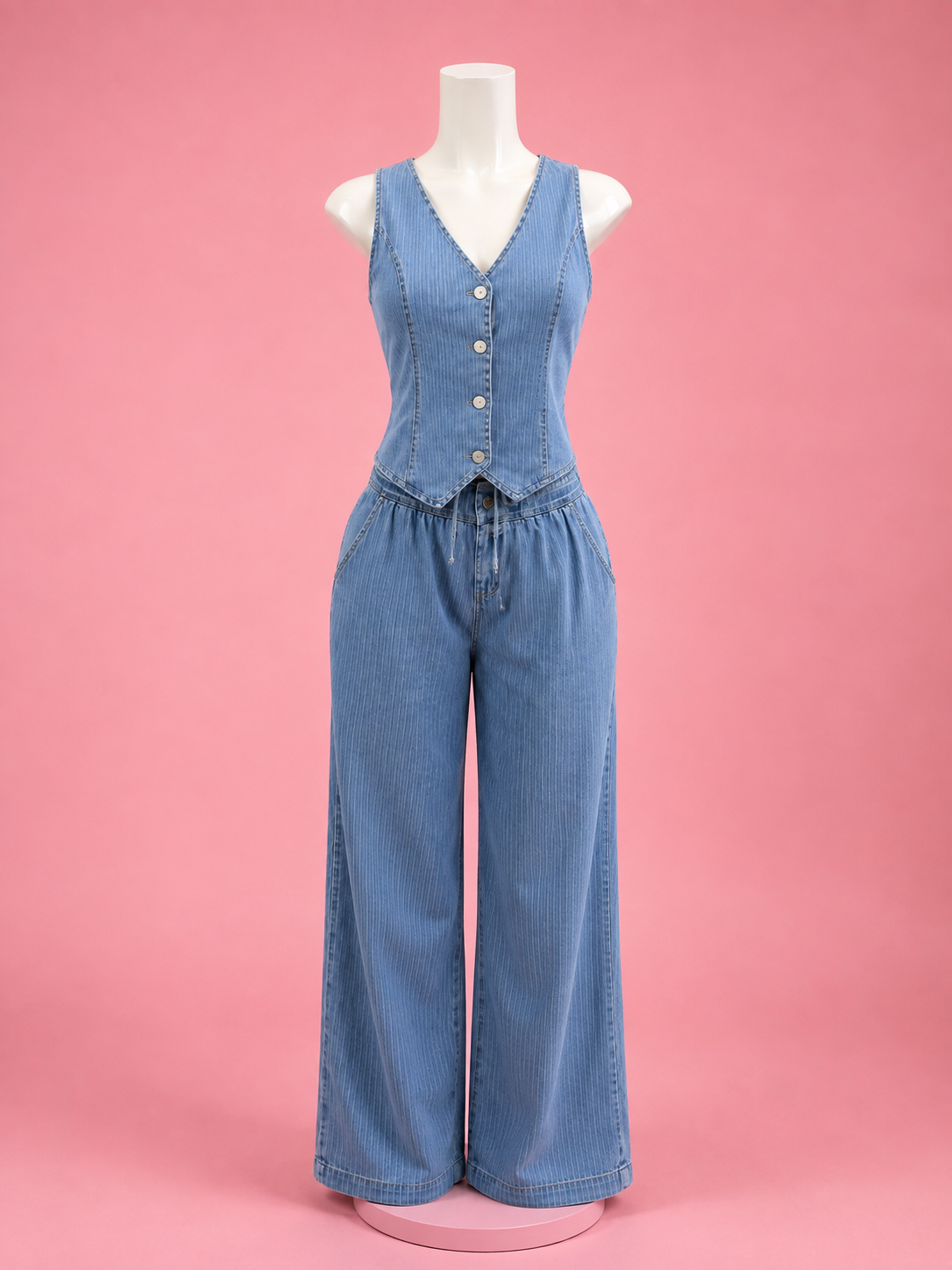 LIGHT WASH DENIM VEST & WIDE-LEG PANTS SET