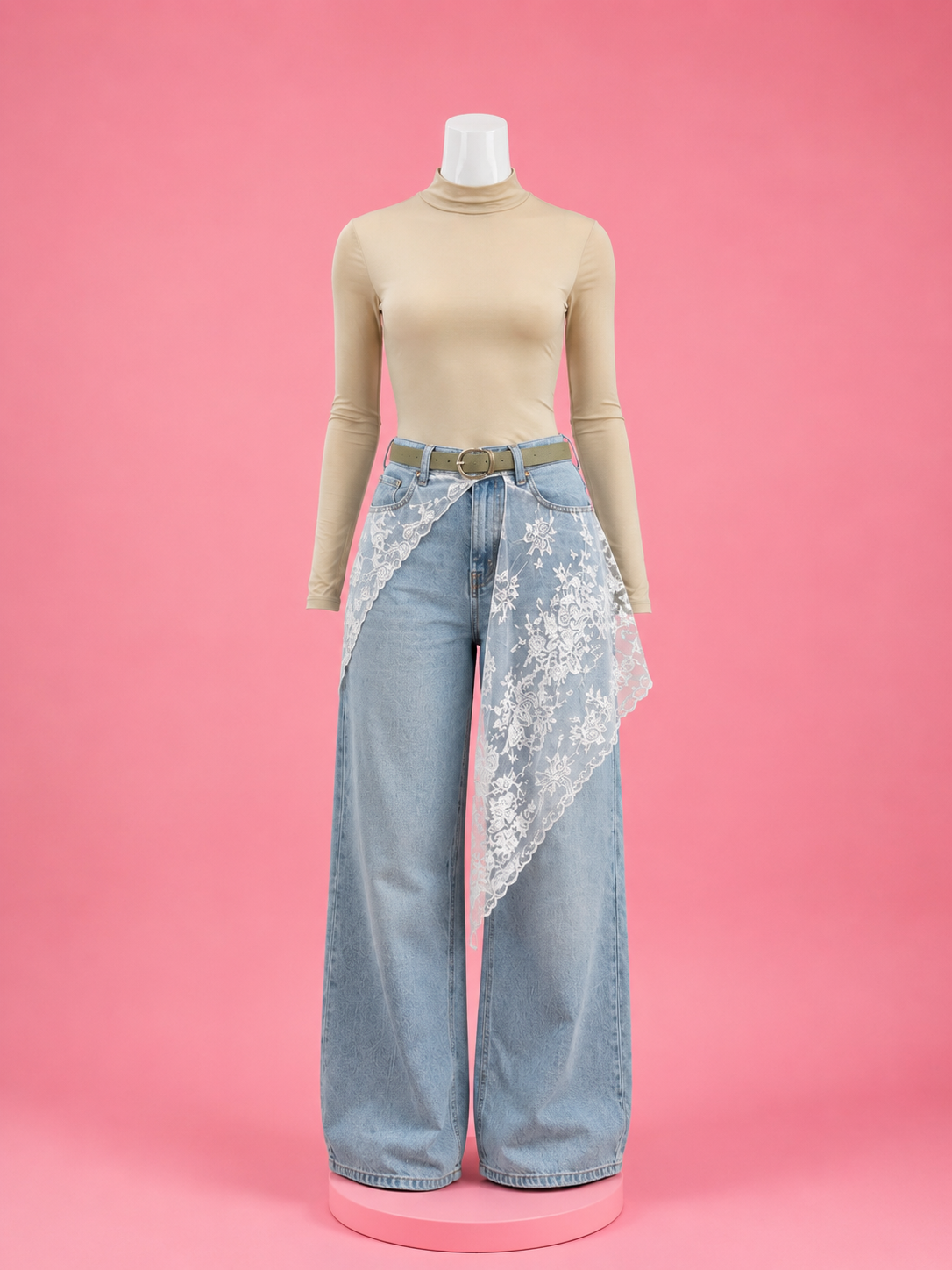 Vintage-Inspired Lace & Denim Wide-Leg Jeans Set